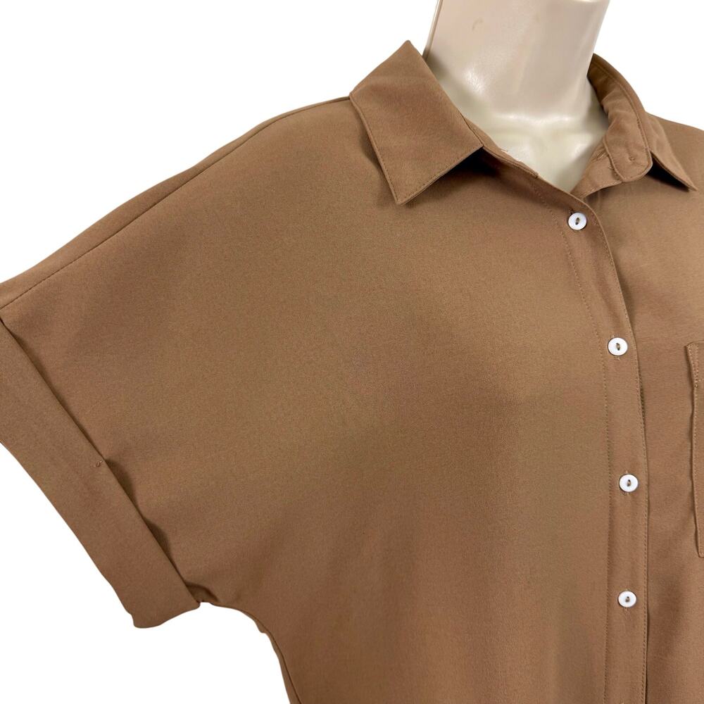Beautife Tan Short Sleeve Button Front Blouse - Picture 8 of 16